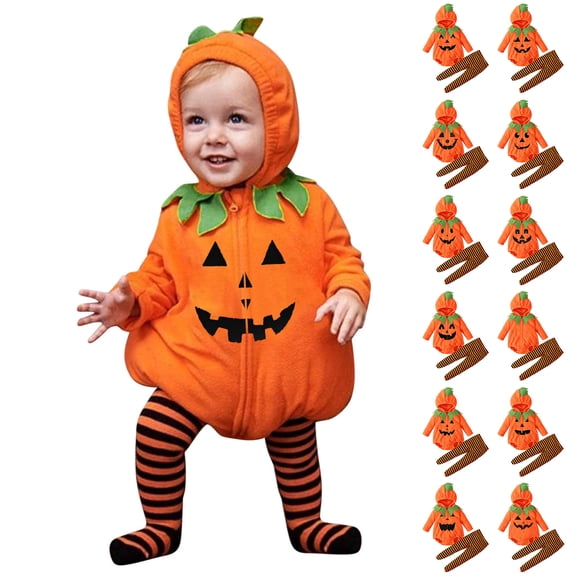 Baby Toddler Boy Pumpkin Long Sleeve Hooded Romper Bodysuit and Long Pants Two Piece Set Unisex Halloween Dress up Party Clothes Size 6-24M