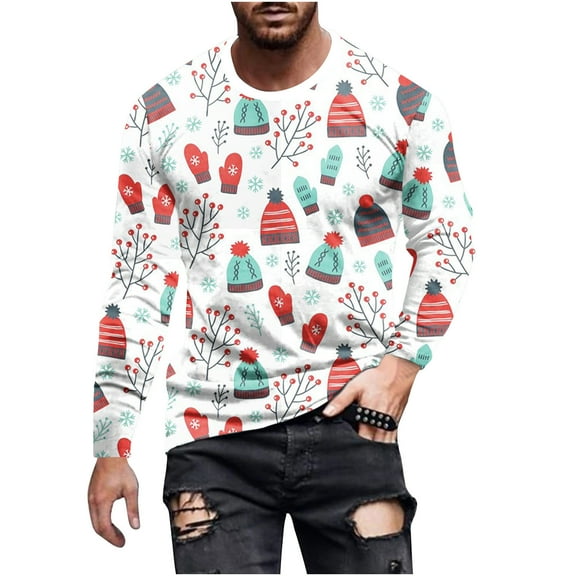 Honeeladyy Men's 3D Print T-Shirts Christmas Print Tee Long Sleeve Round Neck Pullover Tops #Sk-White-L