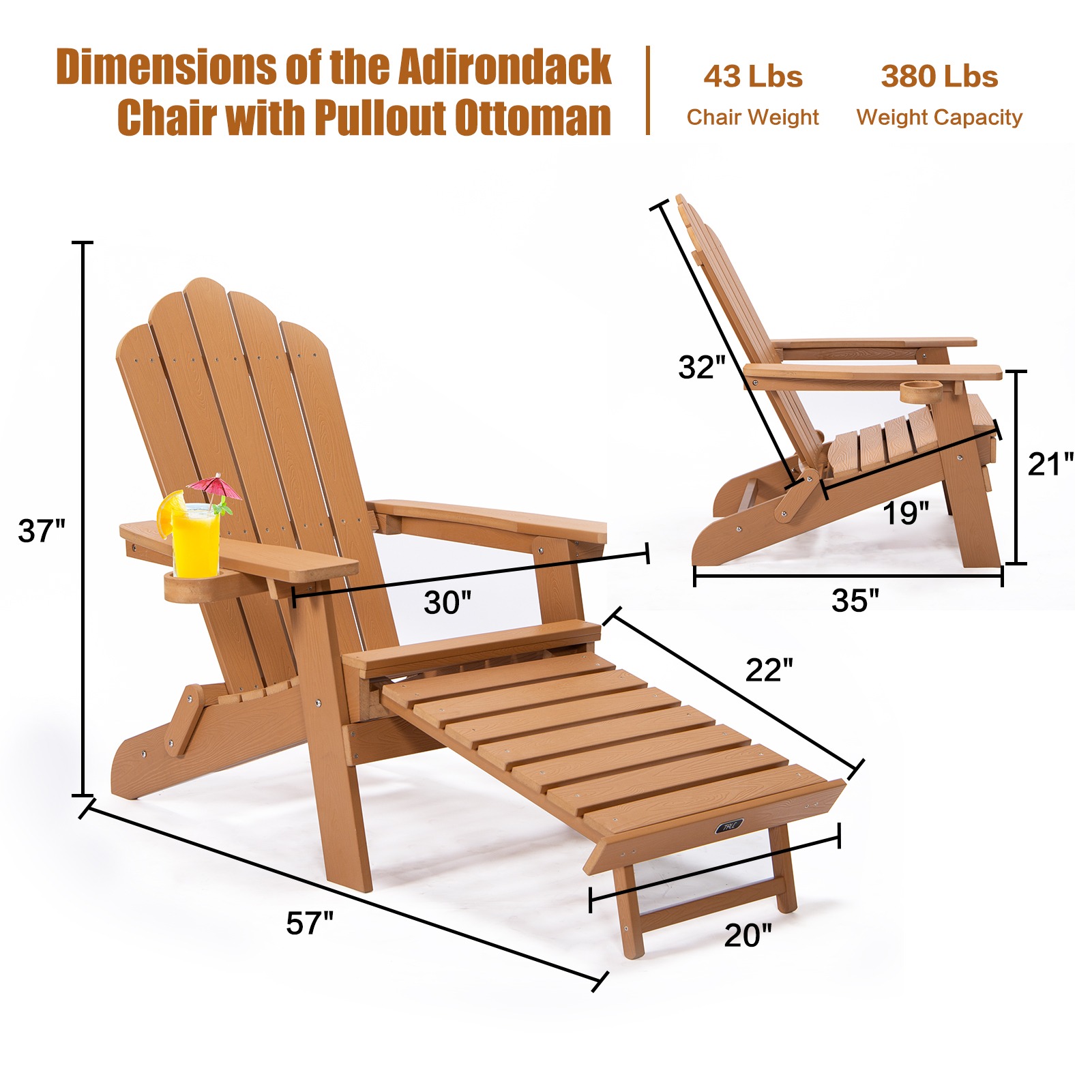 Branax Folding Adirondack Chair, Patio Chairs, Lawn Chair, Outdoor Chairs Painted Adirondack Chair Weather Resistant for Patio Deck Garden, Backyard Deck, 400 lbs Capacity Load, Brown - image 4 of 8