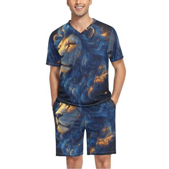 joogoo Men's Pajama Set Cool Lion V-Neck Pj Shorts Set 2 Piece Loungewear Sleepwear L