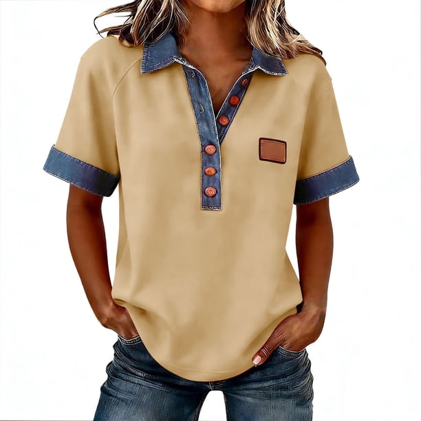 Pantalones Cortos de Denim de las Mujeres Color Bloque Manga Corta Sudadera de Cuello de Tortuga para las Mujeres, Sudadera de Botón Casual con Costura de Denim