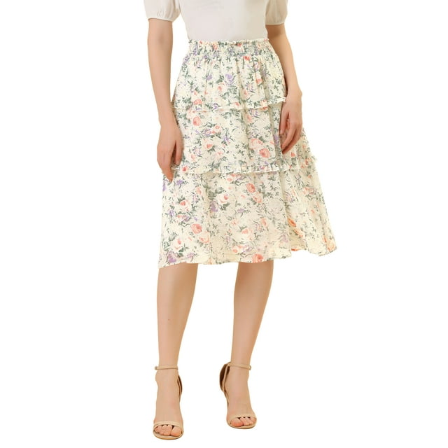 Unique Bargains Women's Floral Print Flowy Tiered Ruffle Skirt White S