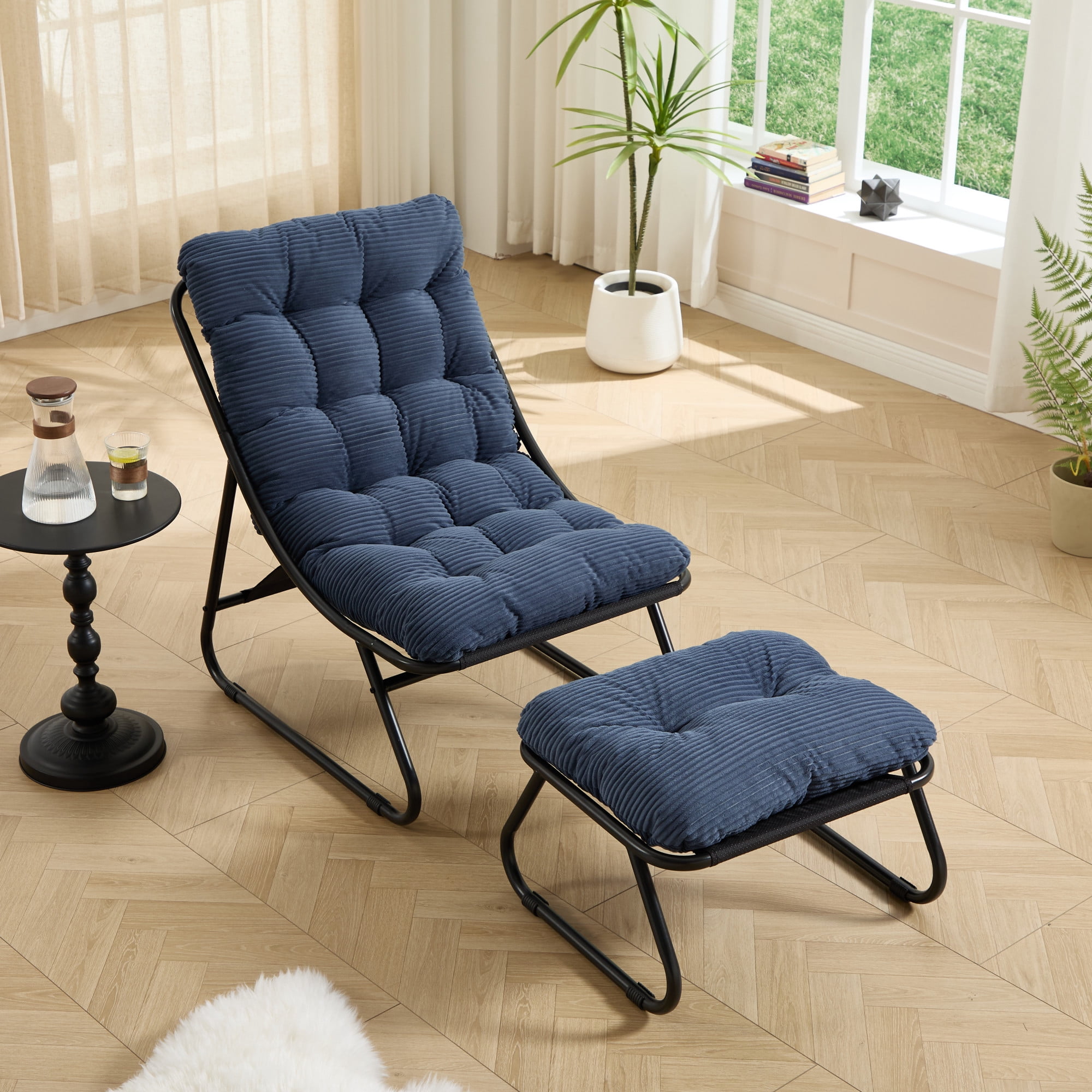 Leumius Patio Outdoor Lounge Chair with Ottoman, Comfy Sling Recliner Chair with Puffy Cushion and Foot Stool for Living Room Bedroom Reading Room Navy Blue