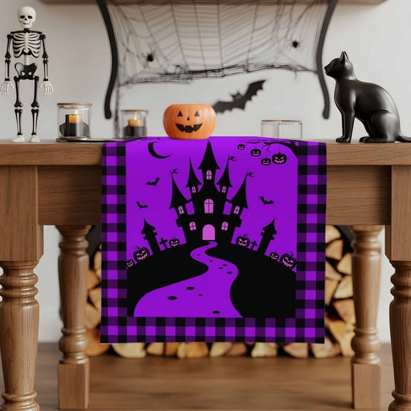 Table Runner Dresser Scarves 70 Inch Long,Halloween Castle Spiderweb Pumpkin Linen Dining Table Runners Scary Purple Black Tabletop Scarf for Wedding Holiday Party Kitchen