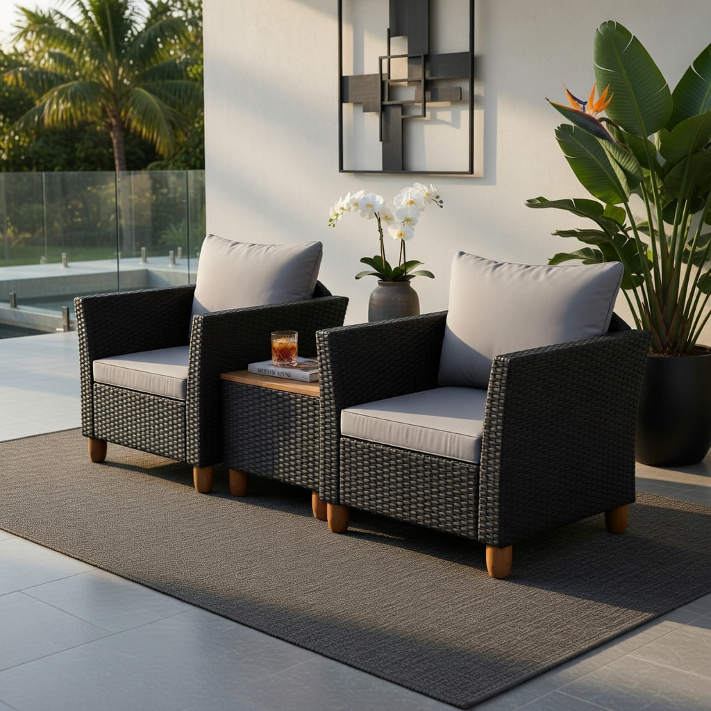 Hommoo 3-Piece Outdoor Wicker Patio Furniture Set with Gray Cushions & Solid Acacia Wood Coffee Table, Gray