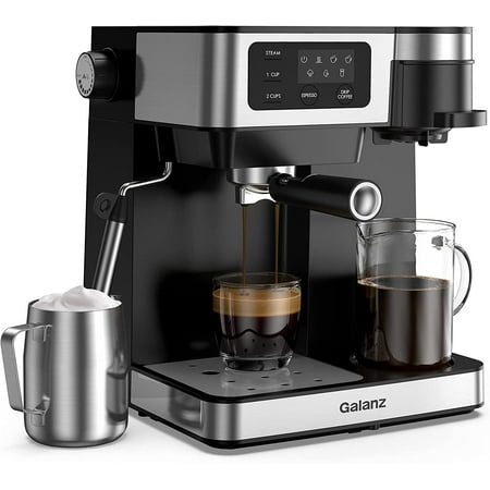 

2-in-1 Pump Espresso Machine & Single Serve Coffee Maker with Milk Frother Latte & Cappuccino Machine 1.2L Removable Water Tank LED Display Touch Control Black with Stainless Steel Trim