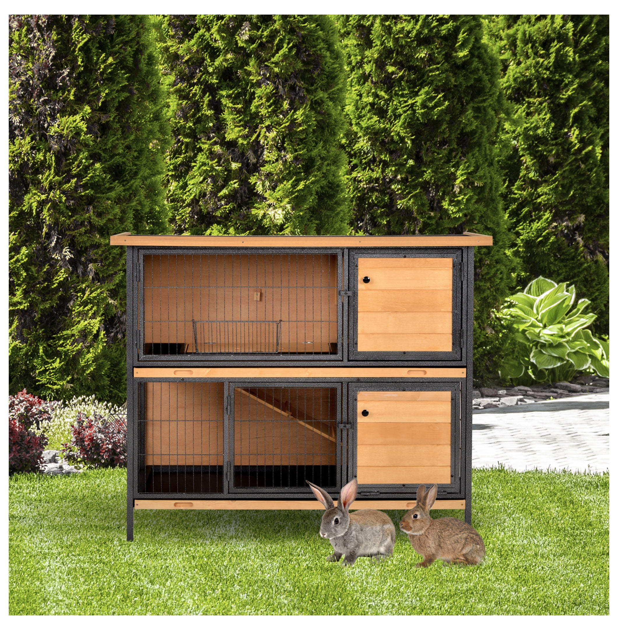 " 2-Story Large Rabbit Hutch Bunny Cage Wooden Pet House Metal Frame with Individual Room, Ramp, No Leak Tray, Feeding Trough, Waterproof Asphalt Roof for Outdoor/Indoor
