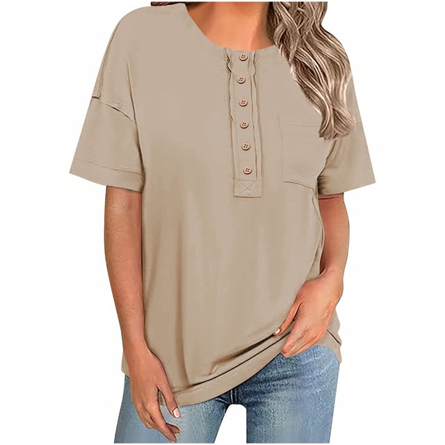 Yuyuzo Hauts d'Été pour Femmes Chemises à Manches Courtes Boutonnées Col Rond Blouses Amples