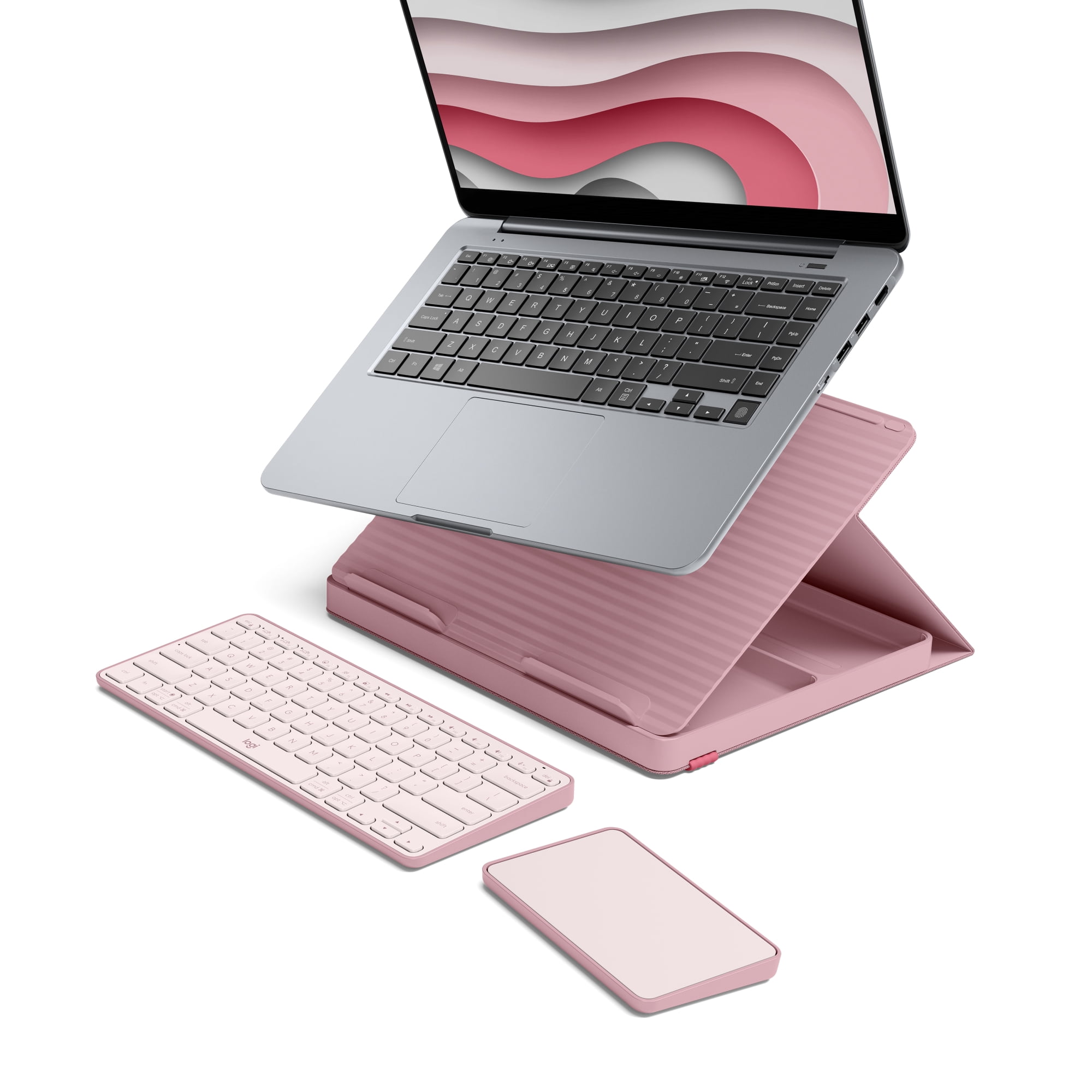 Logitech Casa Pop Up Desk Work From Home Kit with Laptop Stand, Wireless Keyboard & Touchpad, Bluetooth, USB C Charging, for Laptop/MacBook (10? to 17?) - Windows, macOS, ChromeOS - Bohemian Blush