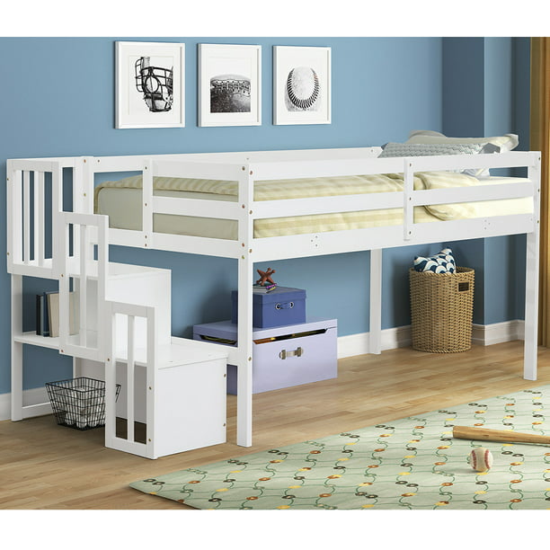 Twin Loft Bed Seventh Solid Wood Loft Bed Frame With Stair And Safety Guard Rail No