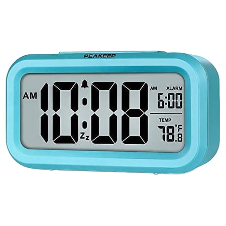 PEAKEEP Smart Night Light Digital Alarm Clock with Indoor Temperature, Battery Operated Desk Small Clock (Blue)