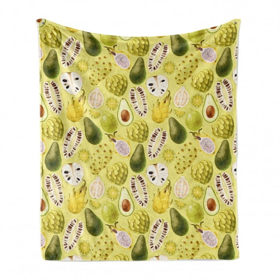 Exotic Soft Flannel Fleece Throw Blanket, Abstract of Avocados Dragon Fruit Guava, Cozy Plush for Indoor and Outdoor Use, 70" x 90", Pastel Yellow Olive Green, by Ambesonne
