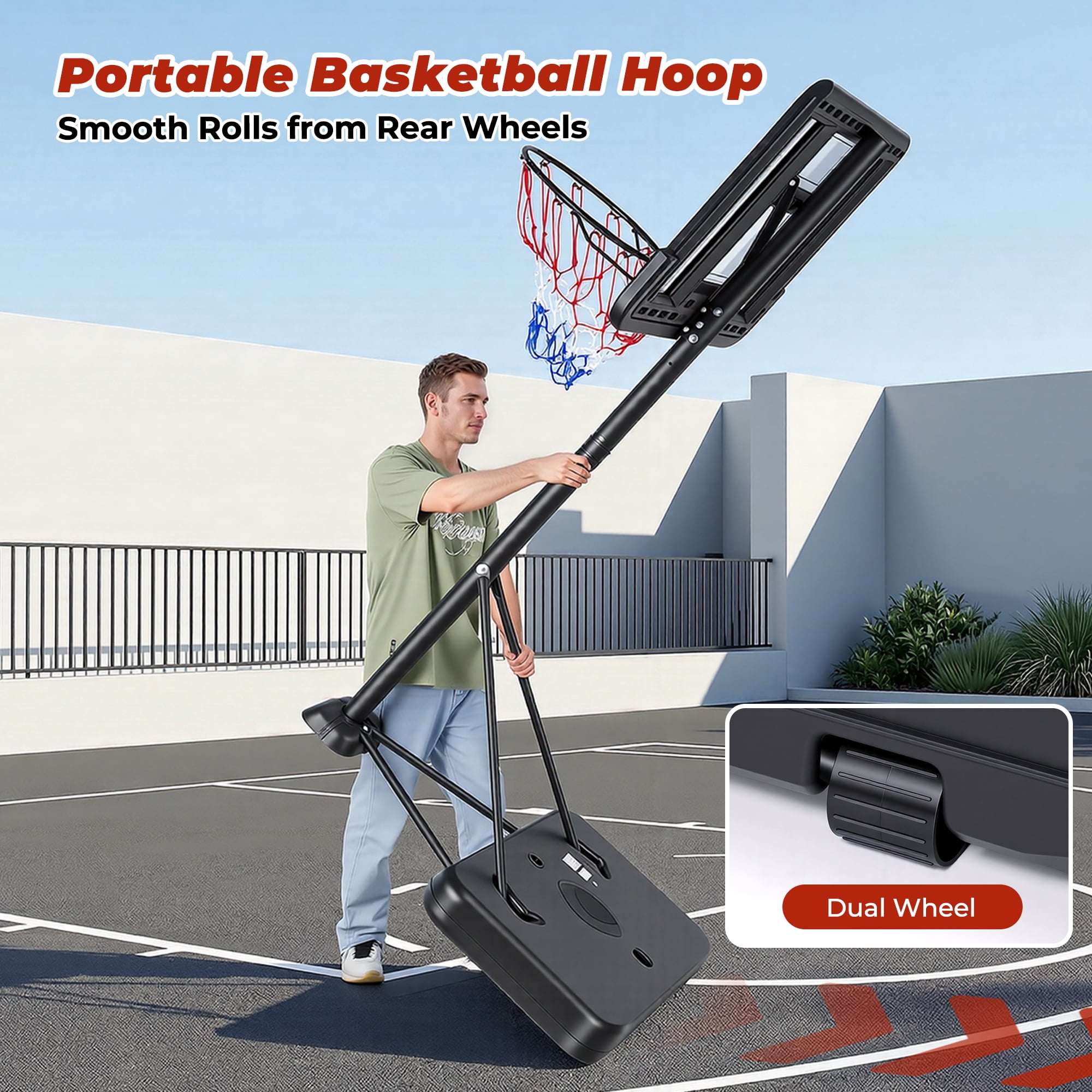 Naipo 44”Portable Basketball Hoop with Upgraded Dual Rear Base 3.5 to 10 FT Adjustable Basketball Stand 270° Safe Play Zone for Everyone in Family