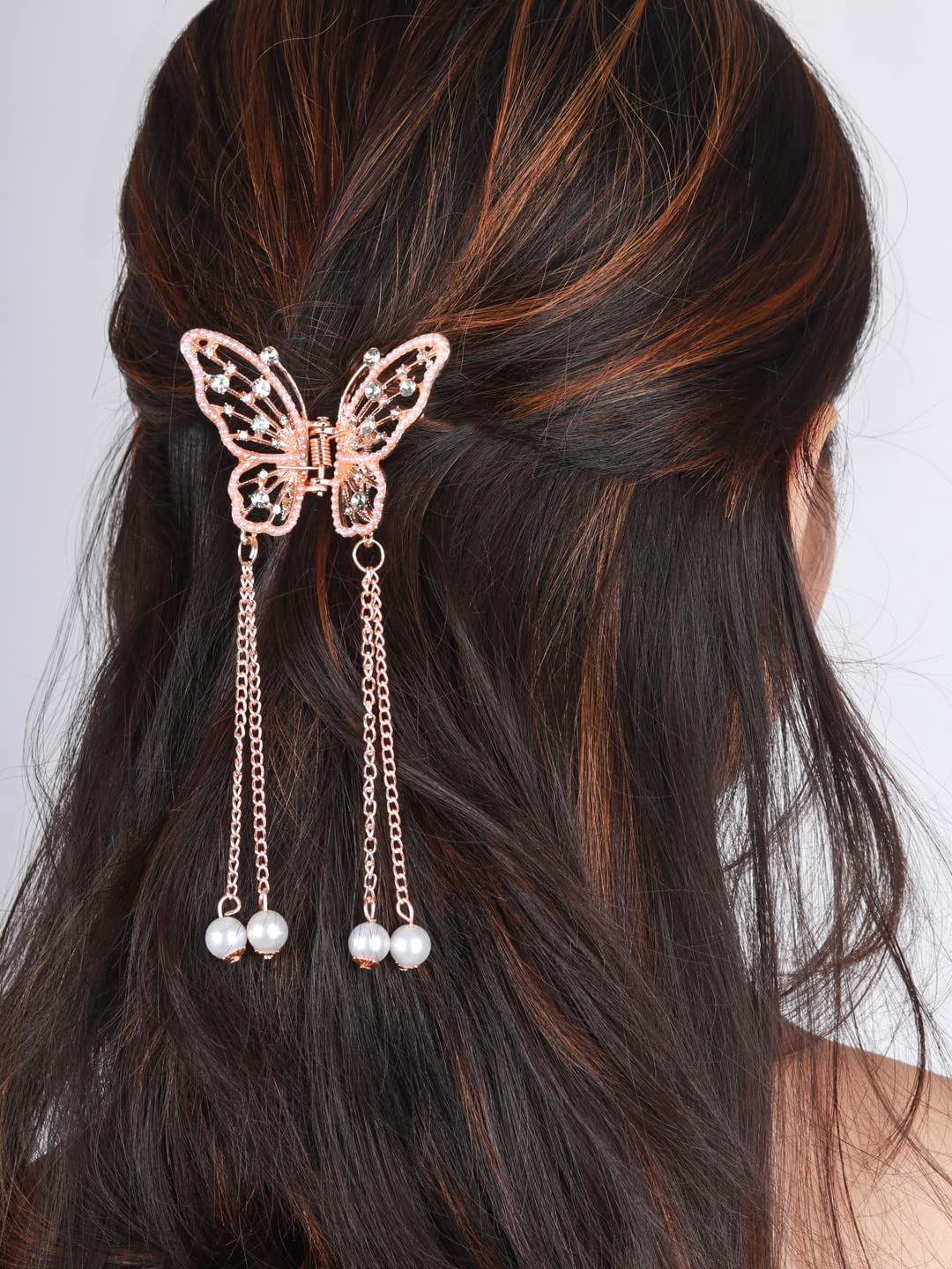 Radhna Crystal Pearl & Stone Rose Gold Plated Butterfly Hair Clip Tassels Hair Pins Shine Party Jewellery - Hair Clips For Girls & Women Pack of 1