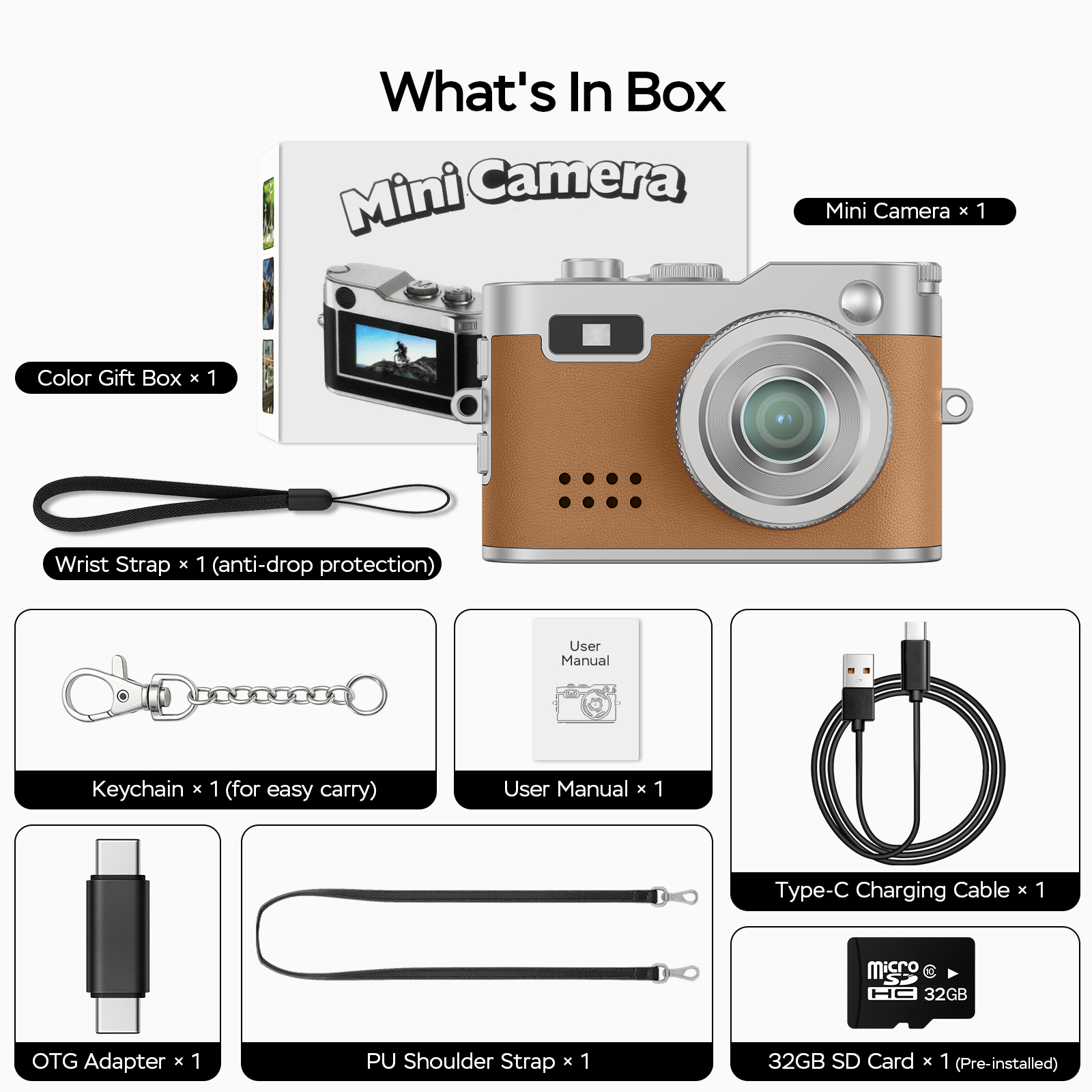 Mini Digital Camera,0.96" Small Keychain Camera,1080P Tiny Camera with 32GB Card, Fill-in light,Landyard,USB Cable for Travel, Concert, Study Recording, Gift for Kids Brown