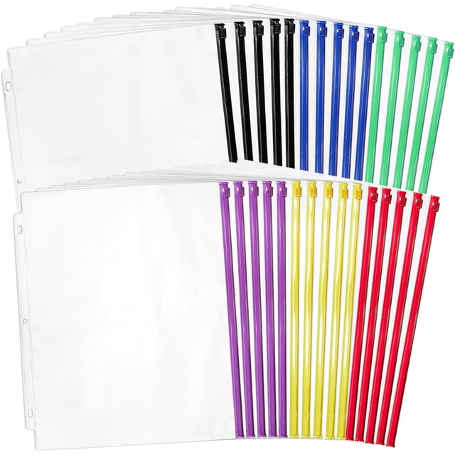 JZWAL-30 Pack Binder Pockets, 3 Ring Hole Binder Pouch, 11" × 10" Letter Size Binder Pockets with Zipper, PVC Loose Leaf Binder Sleeves Storage Bags for Files, Documents
