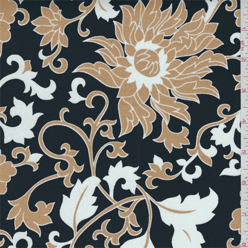 Black/Tan Floral Stretch Canvas, Fabric Sold By the Yard