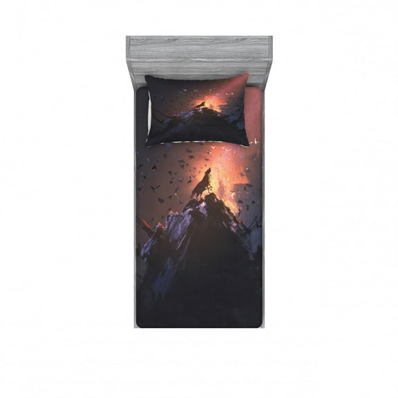 Ambesonne Fantasy Fitted Sheet & Pillow Sham Set, Howling Wolf on Rock, Twinxl, Multicolor