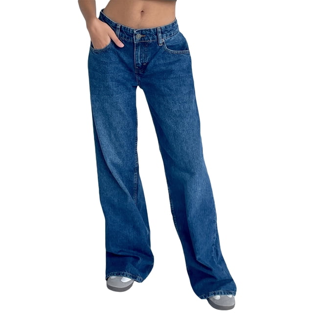 Women's Low Rise Jeans Wide Leg Trousers with Multi Pockets Oversized Fit Floor Length Buttons and with zip Washed Denim Pants