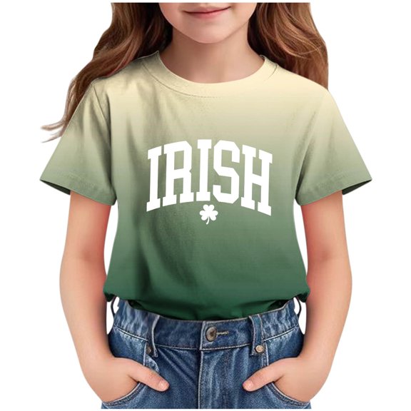 Mikilon Festive Kids' St. Patrick's Day Shamrock Print Tee Soft Cotton Round Neck Short Sleeve Top for Boys and Girls 3-14 Years Casual Holiday T Shirt and Everyday Wear(Army Green,9 Years)