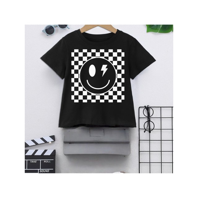 Boys Outfit Set 100% cotton Checkerboard joyful Face Print Short Sleeve T-Shirt, Perfect for Outdoor