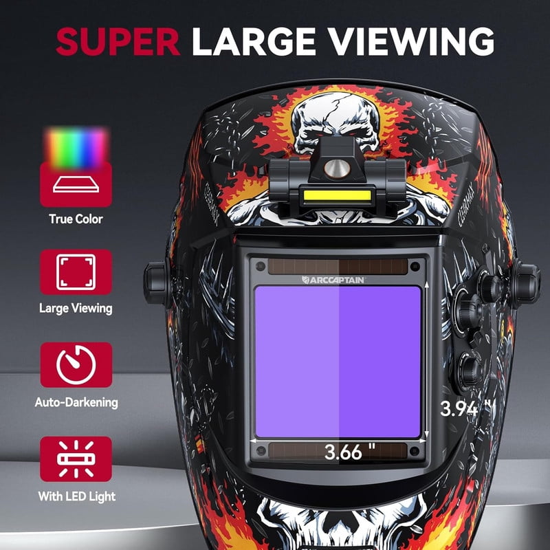 ARCCAPTAIN Auto Darkening Welding Helmet - Large 3.94"x3.66" True Color View | Emergency Light & Solar Power | 4 Arc Sensors | Wide Shade 4-13 | For MIG, TIG, Stick, Plasma Cut