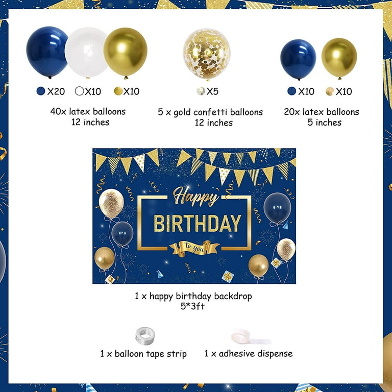40th Birthday Party Decorations Gold Blue Metallic Balloons Garland Kit  With Backdrops Background For Men Women