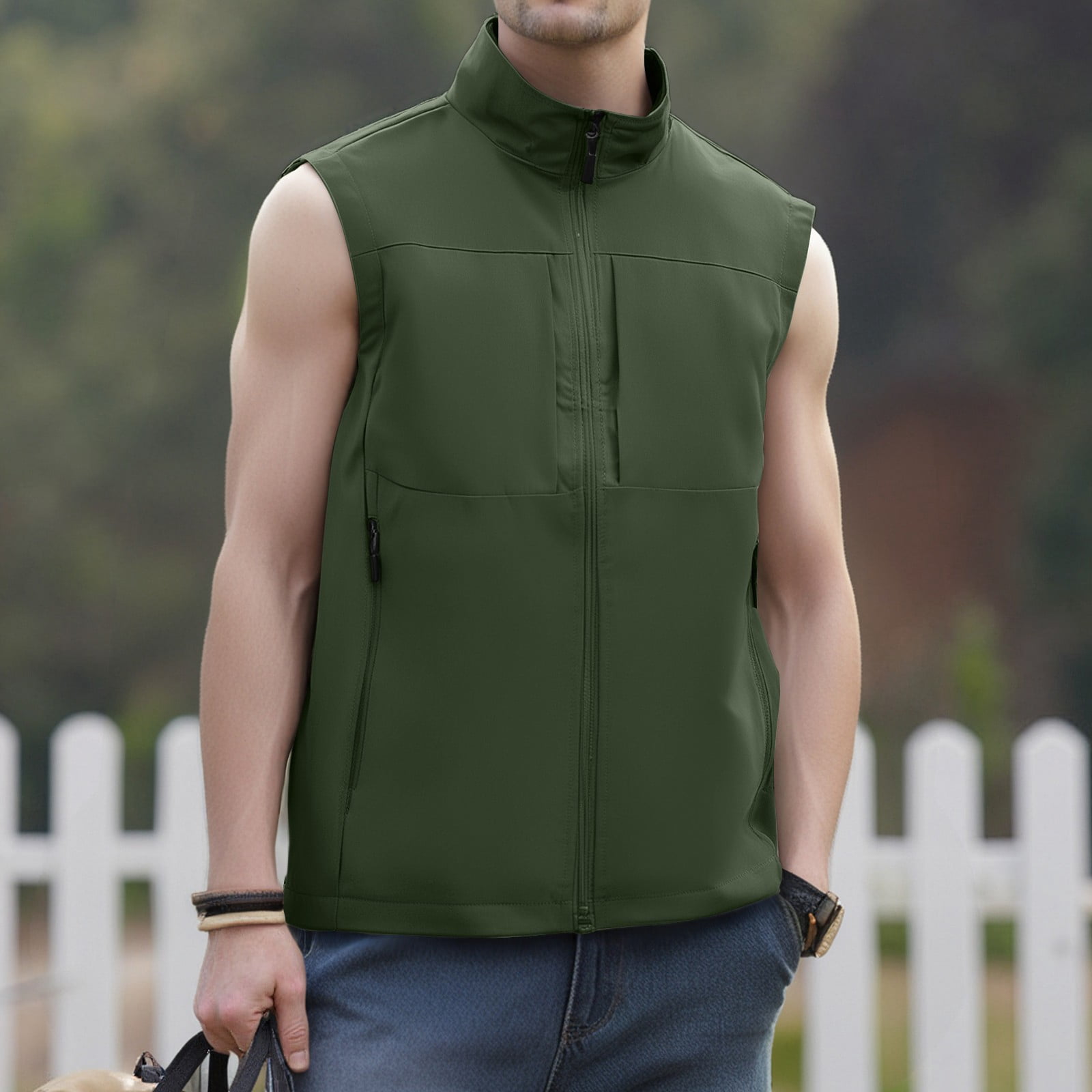 Men's Windproof Lightweight Golf Vest Softshell Sleeveless Jacket with Pockets for Running Hiking Sports Spring Fall,Army Green,L