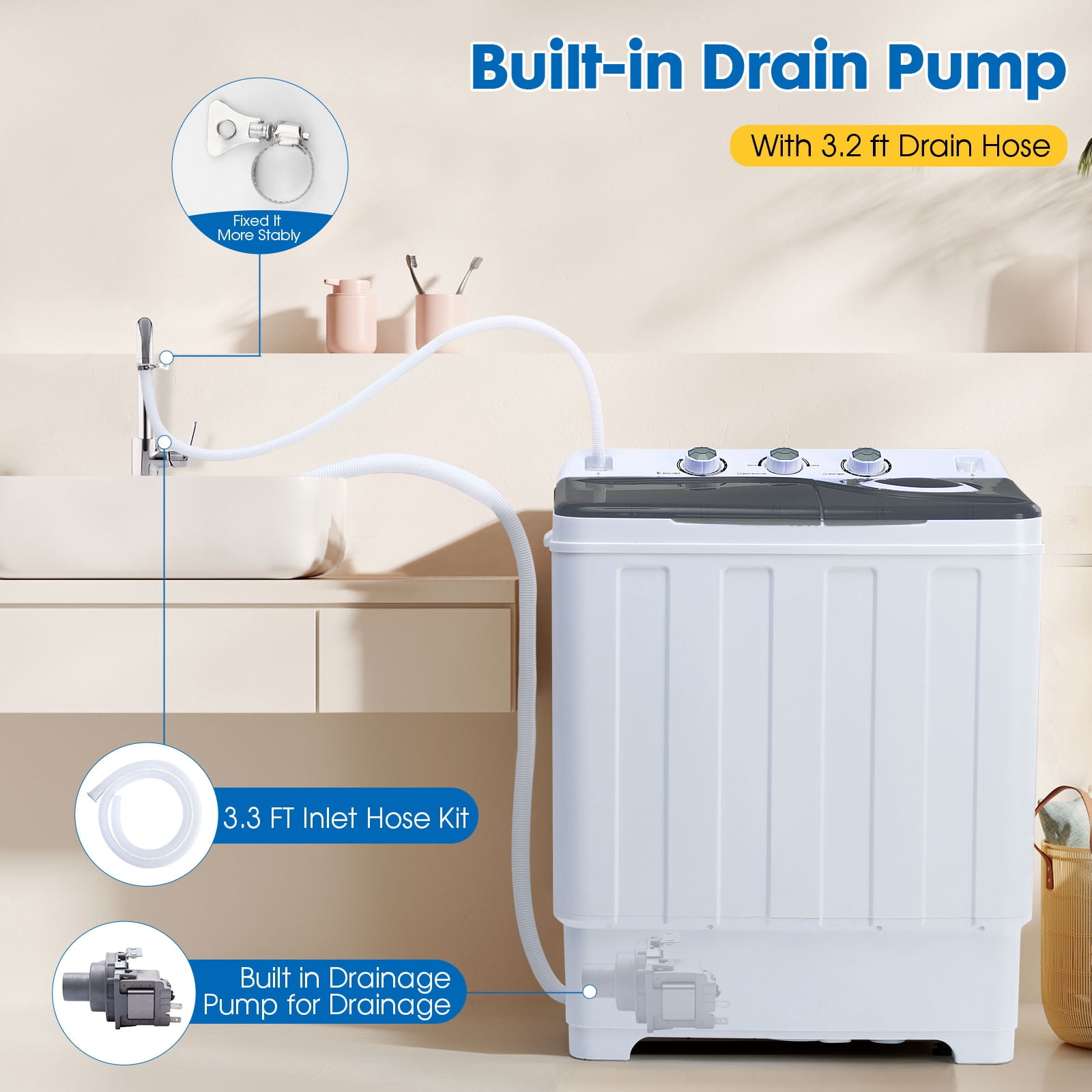 Portable Washing Machine, 28lbs Twin Tub Washer Mini Compact Laundry Machine with Drain Pump,Compact Washer for Home Dorm Apartment,Grey