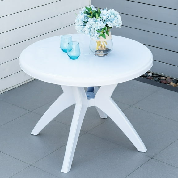 Outsunny Patio Dining Table with Umbrella Hole Round Outdoor Bistro Table for Garden, Lawn Backyard, White