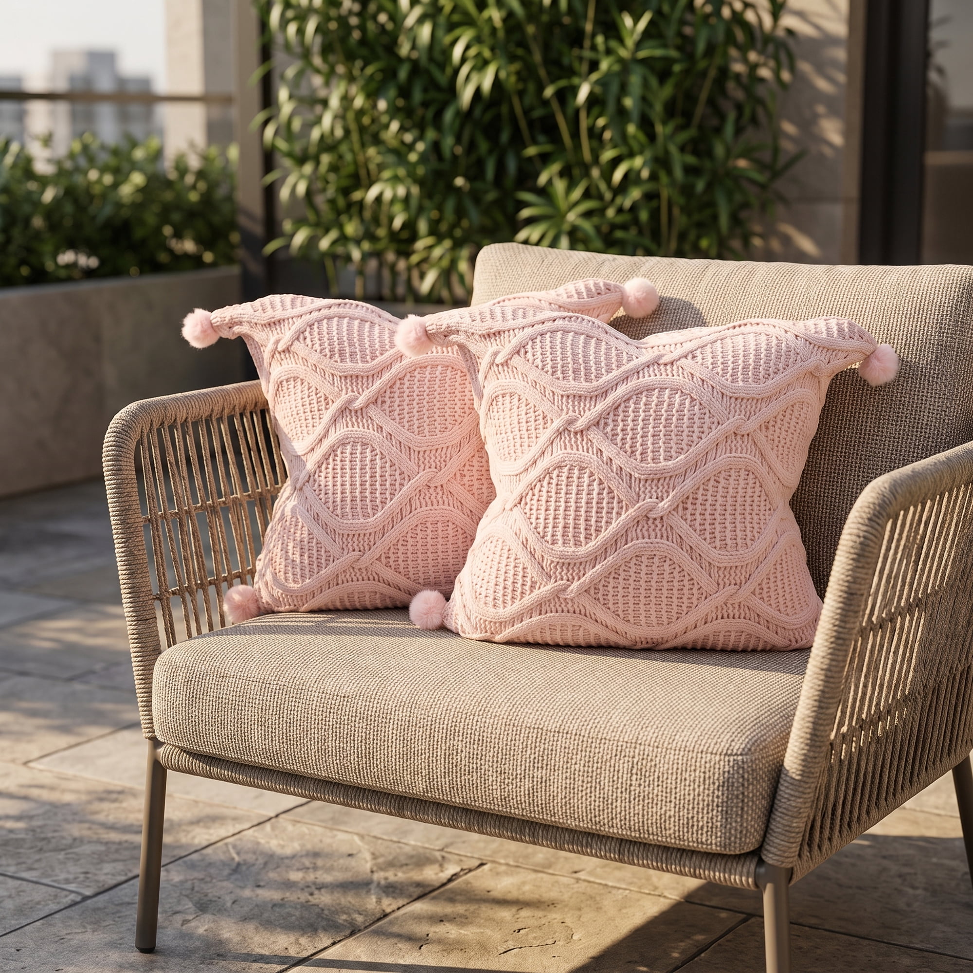 Unique Bargains Cable Knit Pillow Cover Solid Decorative Pompom Cushion Case Pink 18"x18"
