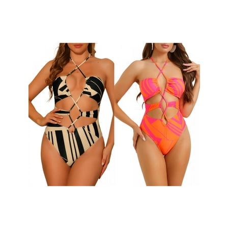 NOMADIC NOOK Women s Halter Allover Print Criss Cross Color Block Bikini One Piece String Cut Out Swimsuit Bathing Suits Combination Set X-Large Rose Red  Khaki