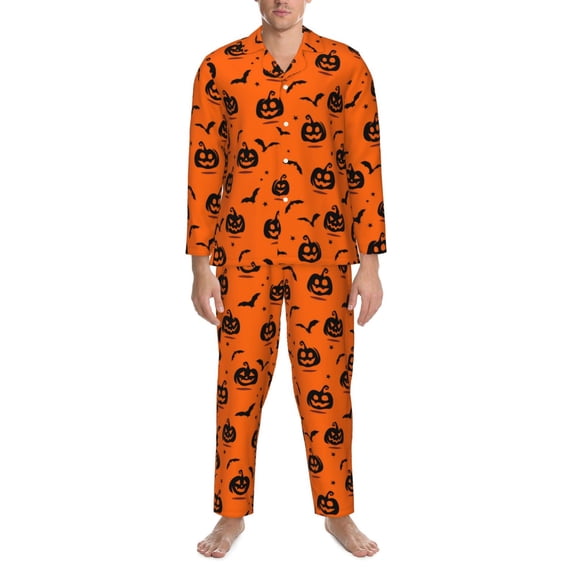 Mens Pajamas Set - Pumpkin Bats Halloween Comfy Long Sleeve Button Up Pajama Sets for Men 2 Piece, Soft Sleepwear Nightwear Pjs Lounge Sets for Men with Pockets