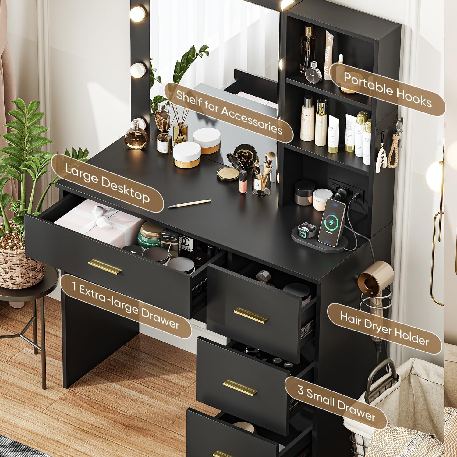Raffle Pinker Vanity Desk Makeup Dressing Table with Mirror and Lights,4 Drawers,Storage Shelves,Power Outlet,Black