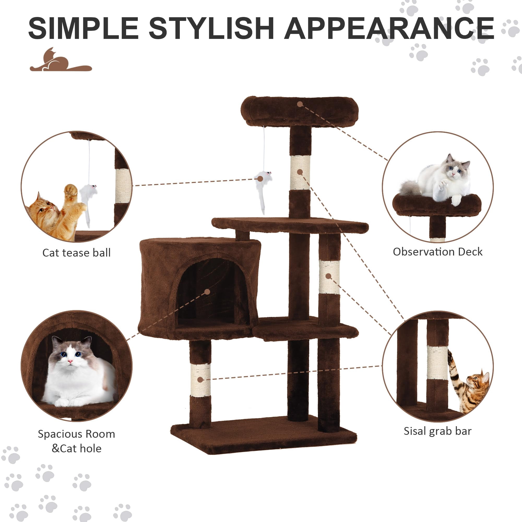 CL.HPAHKL 36 Inches Cat Tree Tower, Modern Cat Tower with Sisal Scratching Posts Small Cat House with Funny Toys Kittens Condo with Cozy Sleeping Perch for Indoor Cats, Kittens, Brown
