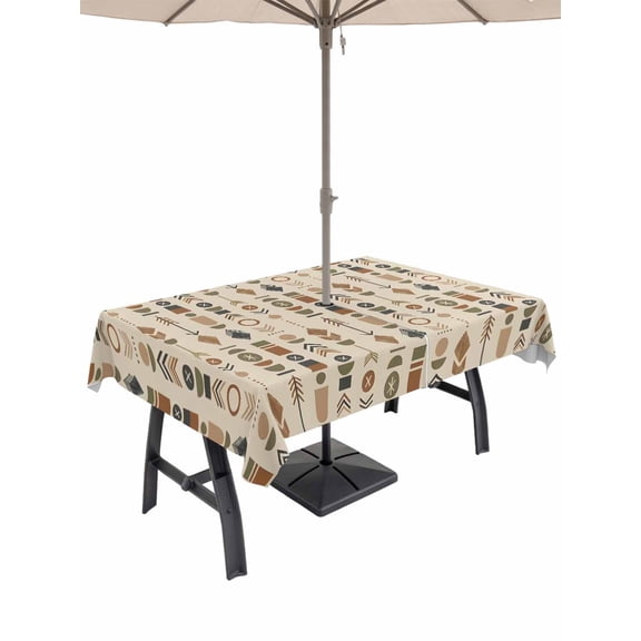 Outdoor Tablecloth with Umbrella Hole for Patio/Picnic/Party/Camping, Abstract Tribal Arrows Waterproof Table Cloth Rectangle Table Cover Washable, Boho Middle Century Sand Vertical (60"x 84")