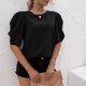 thumbnail image 4 of Camiseta holgada de cuello redondo y color negro puro, elegante top veraniego con mangas abullonadas, 4 of 8