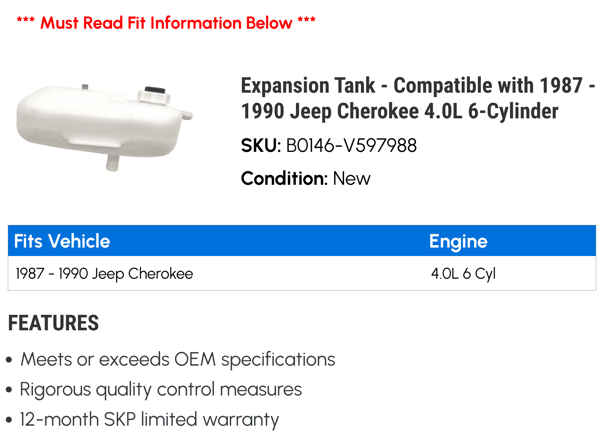 Expansion Tank - Compatible with 1987 - 1990 Jeep Cherokee 4.0L 6-Cylinder 1988 1989