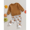 thumbnail image 3 of Faithtur Toddler Girls Halloween Pants Sets Solid Color Long Sleeve Tops Pumpkin Print Drawstring Pants Sets, 3 of 9