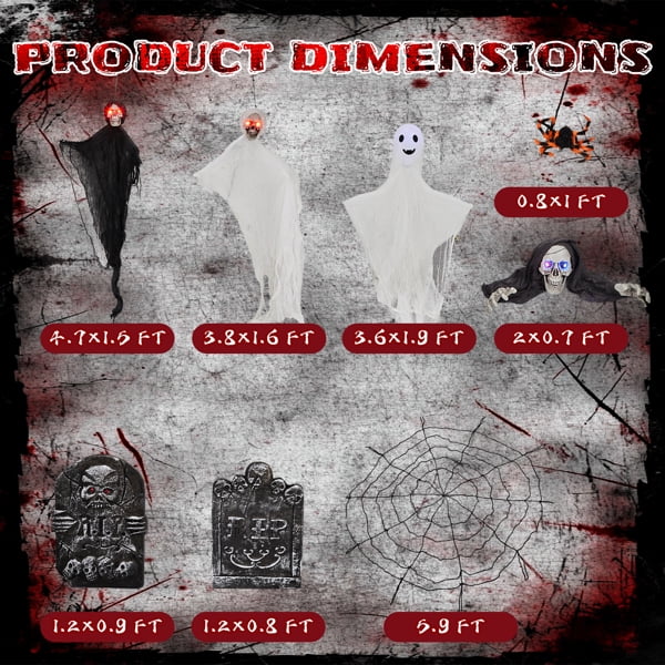 8-Piece Outdoor Halloween Decoration Set, 3 Swinging Ghosts (LED Eyes) + 2 Gravestones + Crawling Skeleton + 5.9ft Cobweb, Indoor/Outdoor Use