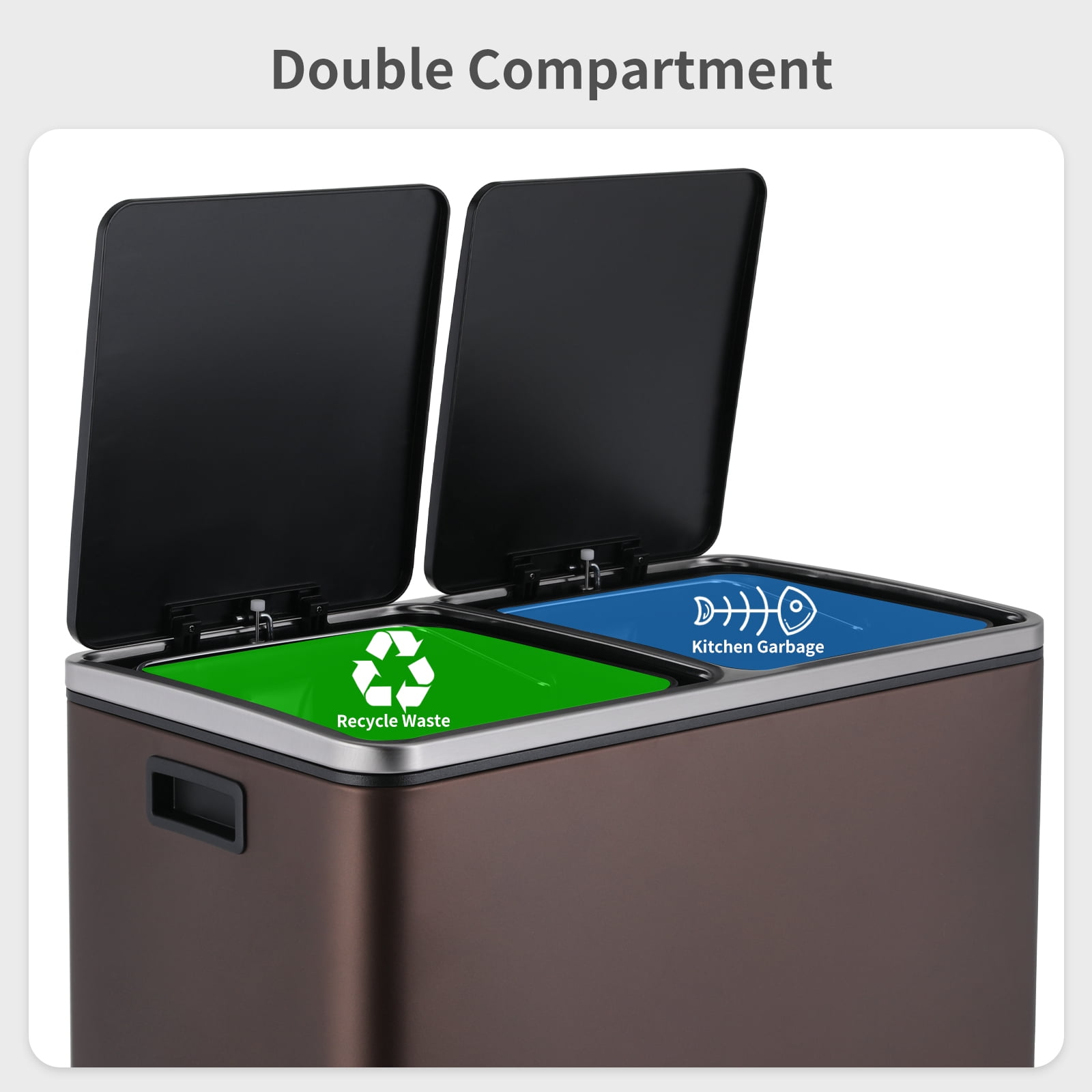 LAZY BUDDY Dual Compartment Recycling Trash Can with Soft-Close Lid and Removable Liner Buckets, 60 Liter / 16 Gallon, Rectangular