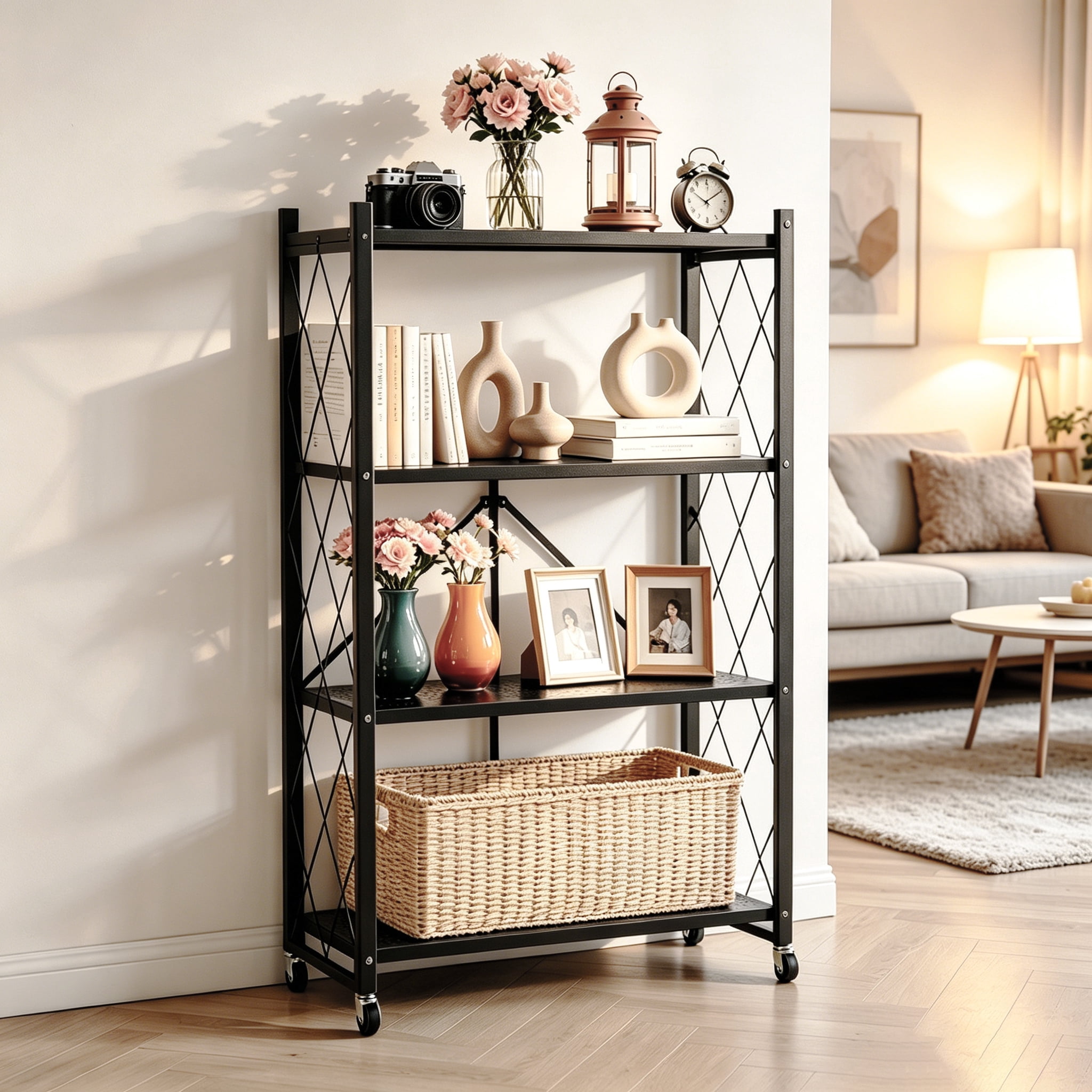 GARITIN Storage Shelves, 4 Tier Foldable Rolling Storage Rack with Wheels, No Assembly Metal Organizer Shelf for Garage, Kitchen, Basement, Pantry, Black