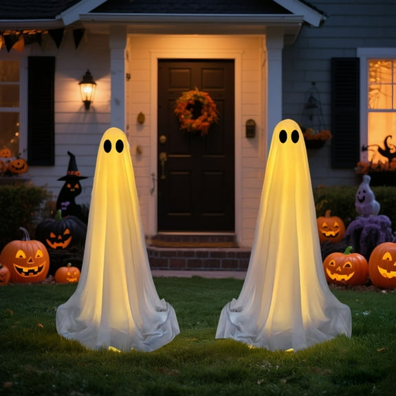 Anvora 65 Inch Halloween LED Light Up Standing Ghost Decor, Cute White Ghost Figurine Yard Ornament for Front Lawn, Porch, Backyard Garden Home Party Halloween Outdoor Decor