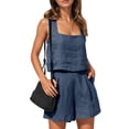 thumbnail image 2 of Tanghaowl Short Sets for Women, Women Summer Casual Shorts Suit Two Piece Outfit Pure Color Comfortable Set Daily Wear with Sneakers Blue1 XL, 2 of 8