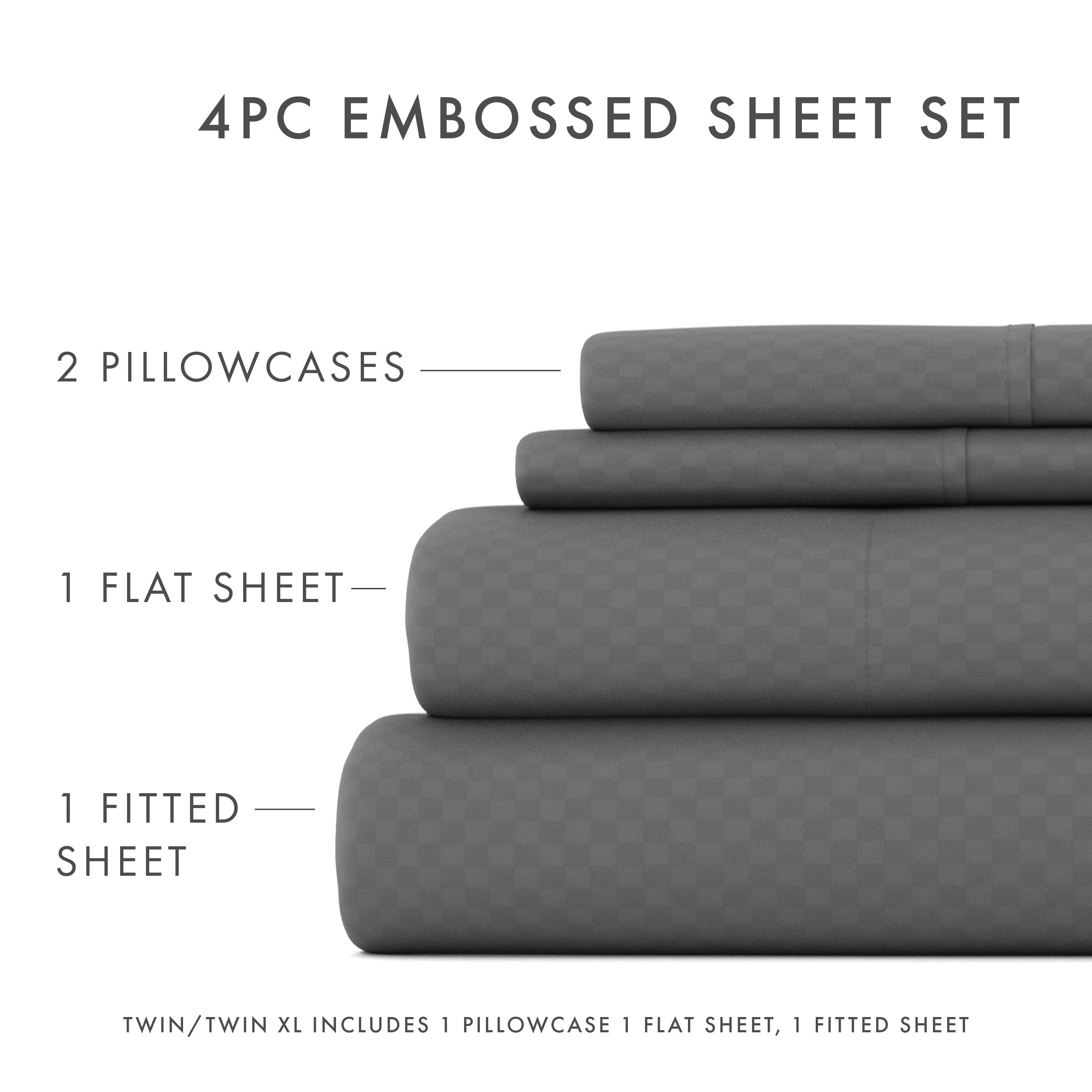 Noble Linens 4 Piece Gray Checkered Embossed Bed Sheet Set, Twin