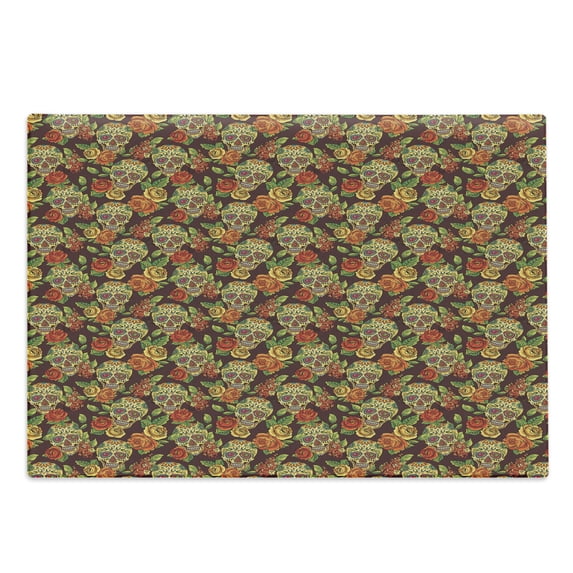 Sugar Skull Cutting Board, Autumn Colored Flowers and Leaves Patterns in Smily Head Bones, Decorative Tempered Glass Cutting and Serving Board, Large Size, Pale Green Yellow Orange, by Ambesonne