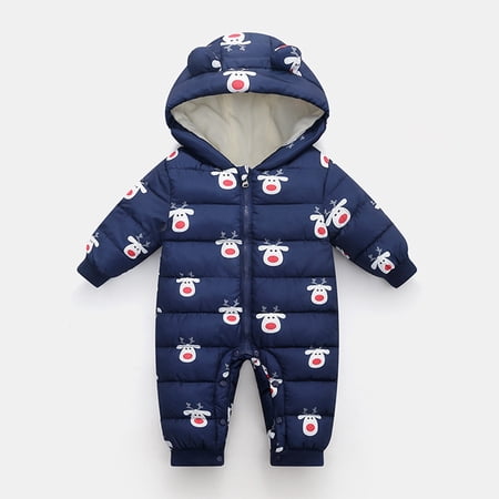 LIJCC Toddler Baby Snowsuit Cute Elk Print Newborn Winter Coat Warm Jumpsuit Cute Padded Hooded Jumpsuit Zipper Windproof Romper Waterproof Outwear Ski Snowsuits