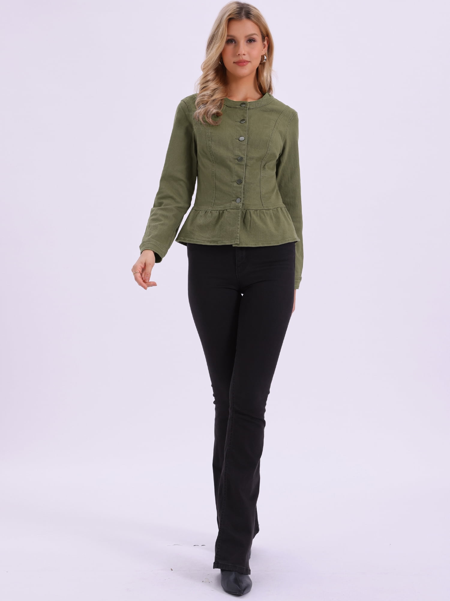 DARING DIVA Women's Peplum Hem Button Down Collarless Jean Jacket XS Army Green