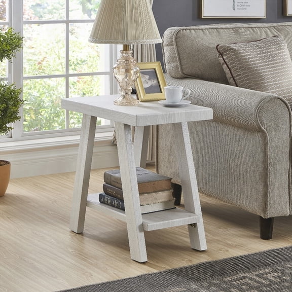Contemporary White Wood Side Table with Extra Shelf in Athens Style