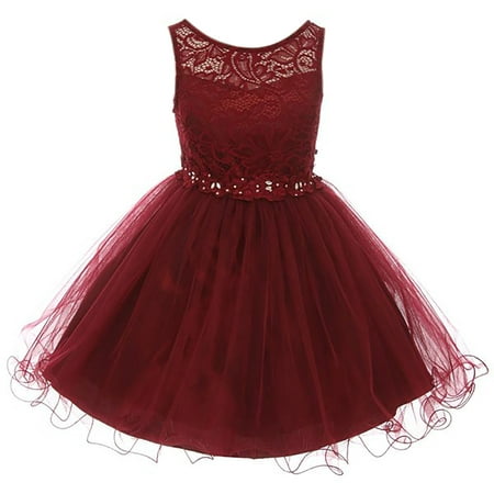 Little Girls Dress Lace Tulle Pageant Holiday Christmas Party Flower Girl Dress Burgundy Size 4 (M10BK49)